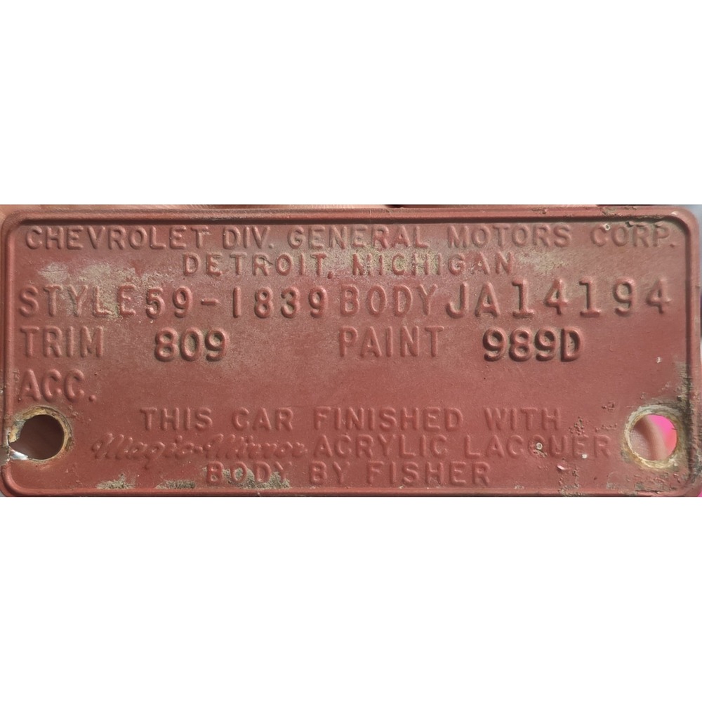 1959 Chevrolet Impala 4dr Hardtop Data Plate Tag